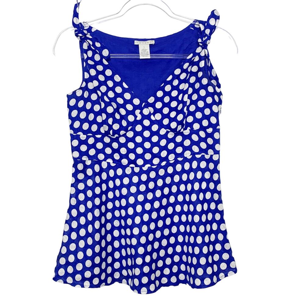 TWEEDS Linen Polka Dot Tank Top V-Neck Knotted-Strap Lined Blue White Size Small